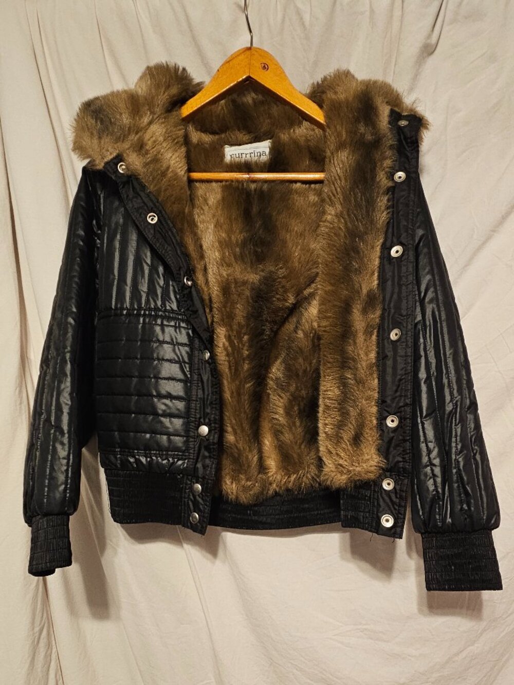 Vtg Y2K Small Furrrina black bomber jacket with Faux fur